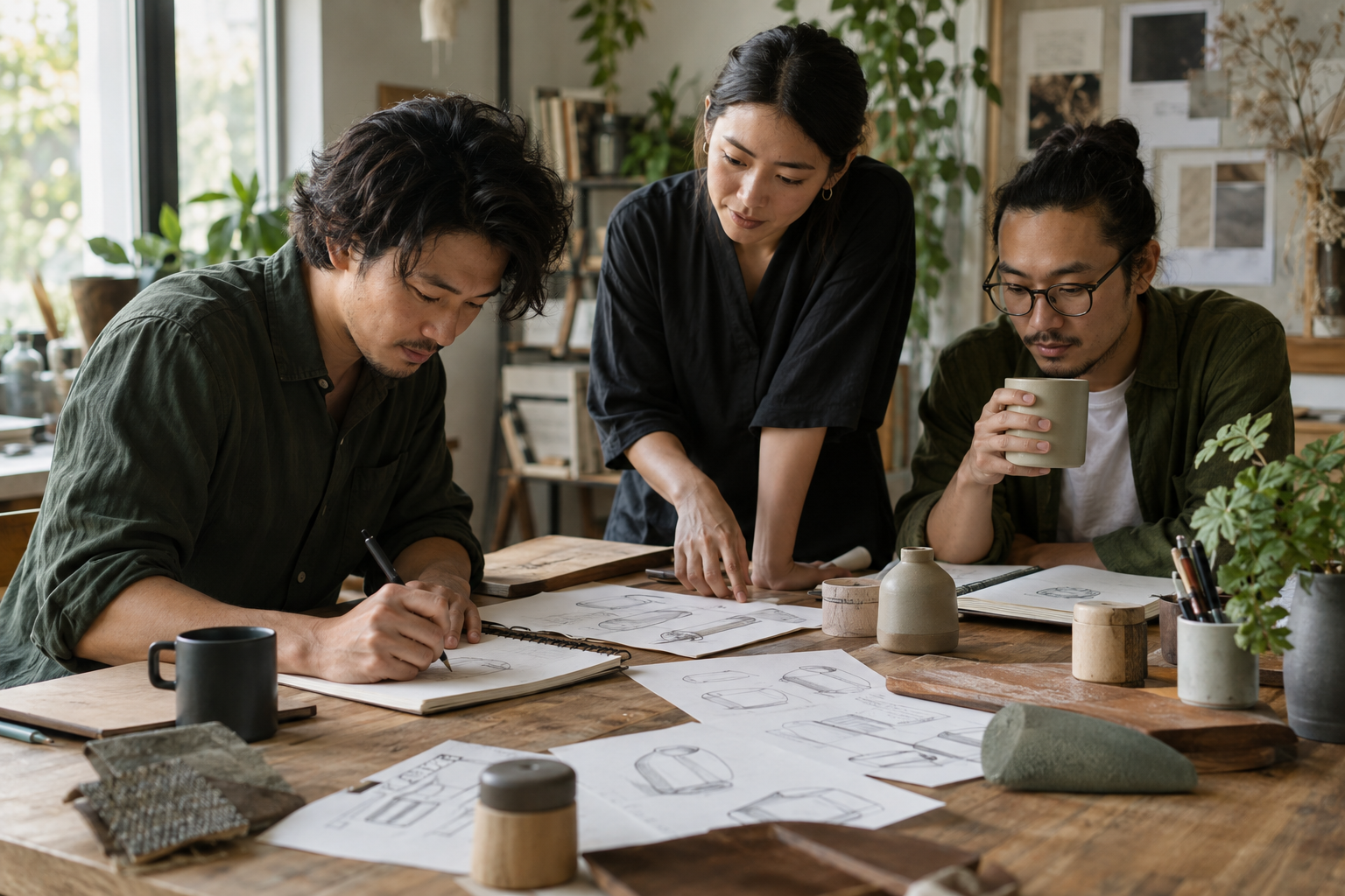 Colleagues working through product ideas together around a table